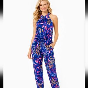 Lilly Pulitzer Tropical Print Halter Jumpsuit Bow Back Blue Pink Resort Size L